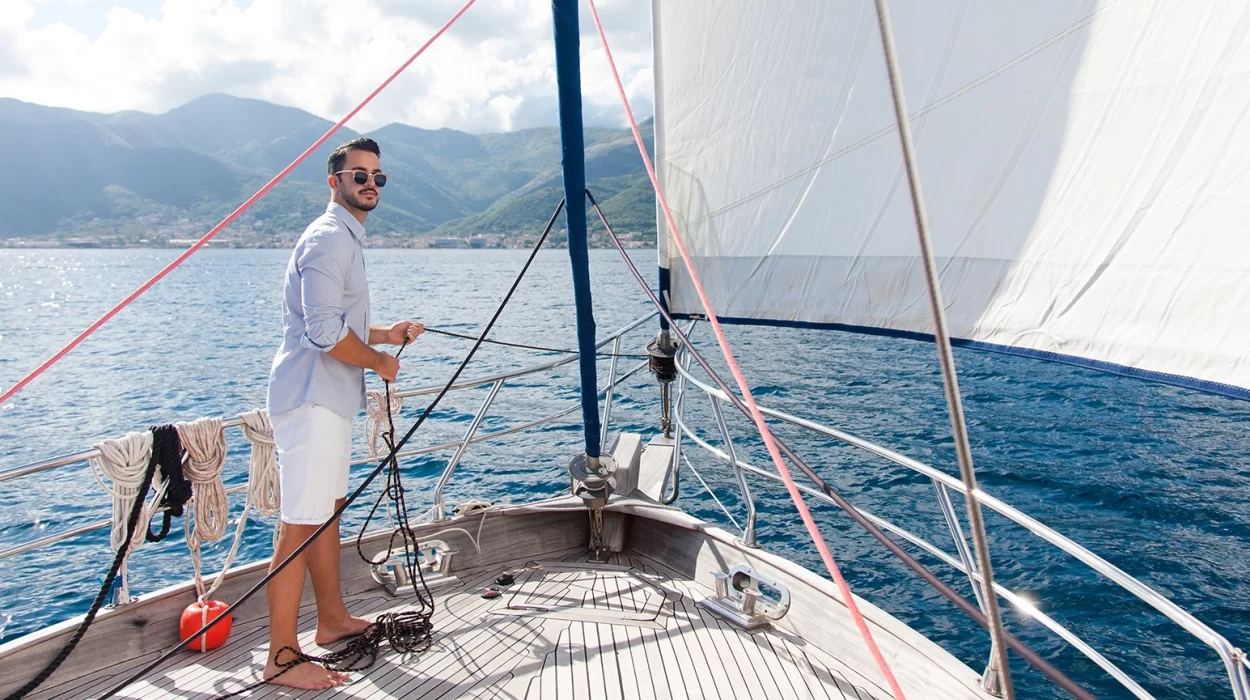 man standing in yacht
