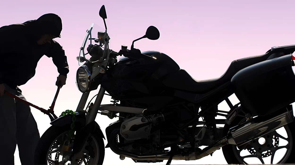 concept of motorcycle theft insurance, theft trying to open bike lock, purple background