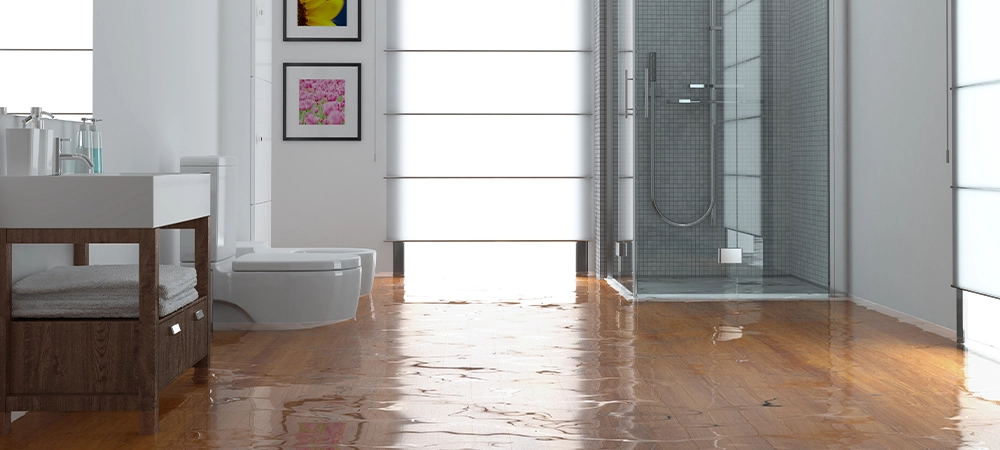 Flooding concept with flooded bathroom as water damage