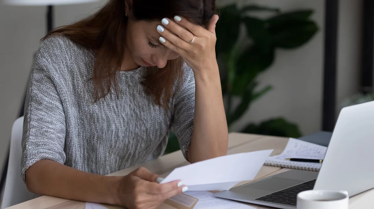 Unhappy young Caucasian woman feel distressed frustrated by eviction notice or dismissal letter. Upset sad millennial female stressed disappointed by bad negative news or message in correspondence.