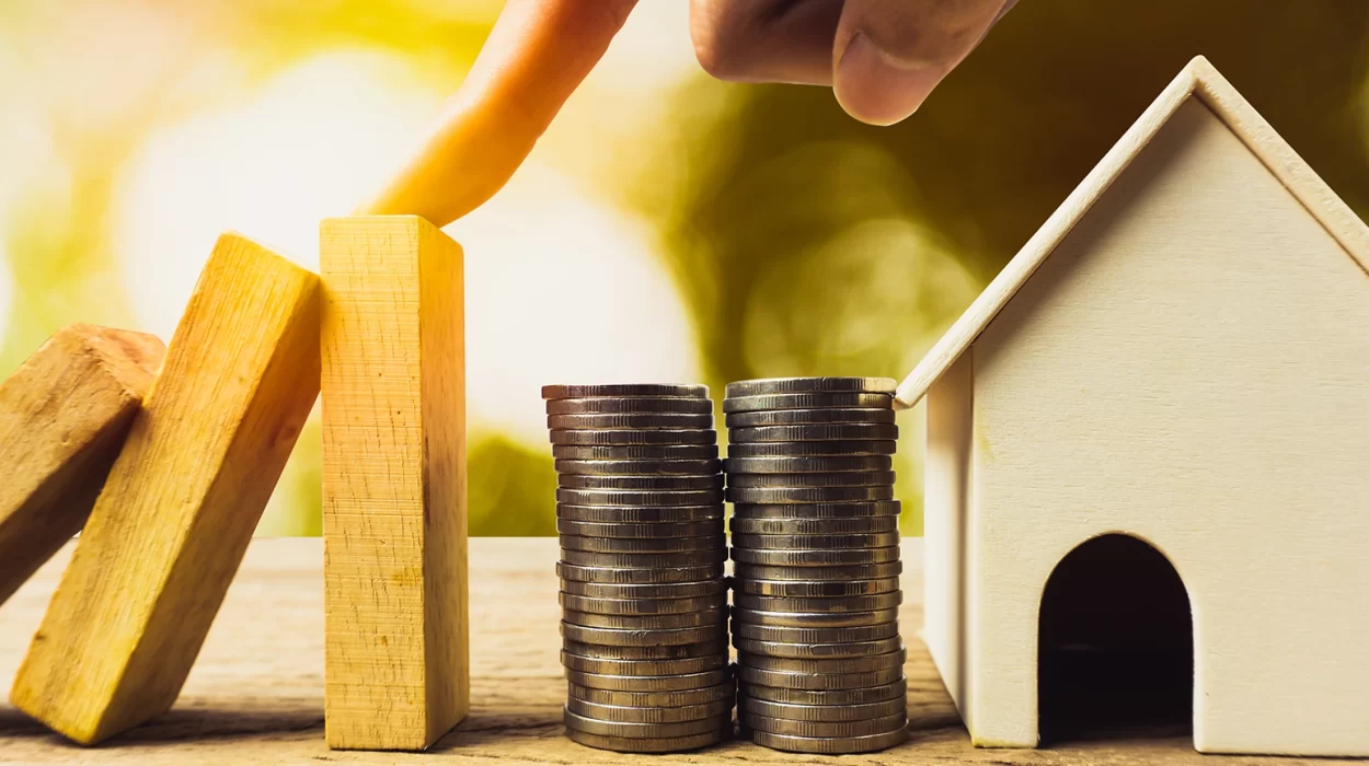 Home or real estate insurance protection concept. A man hand stop a wooden dominoes continuous toppled before reaching the house and money. Depicts preventing losses that will occur to the property.