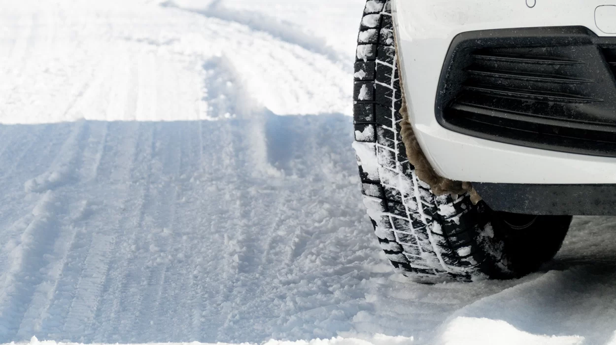 A car driving on a snow-covered road