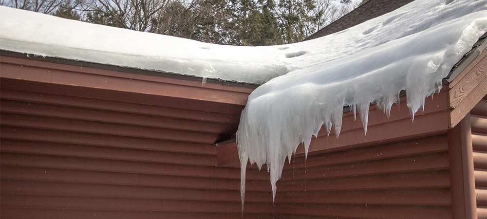 Ice Dam On Roof. Shingle roof on home with icicles and ice dam starts a leak on the roof.