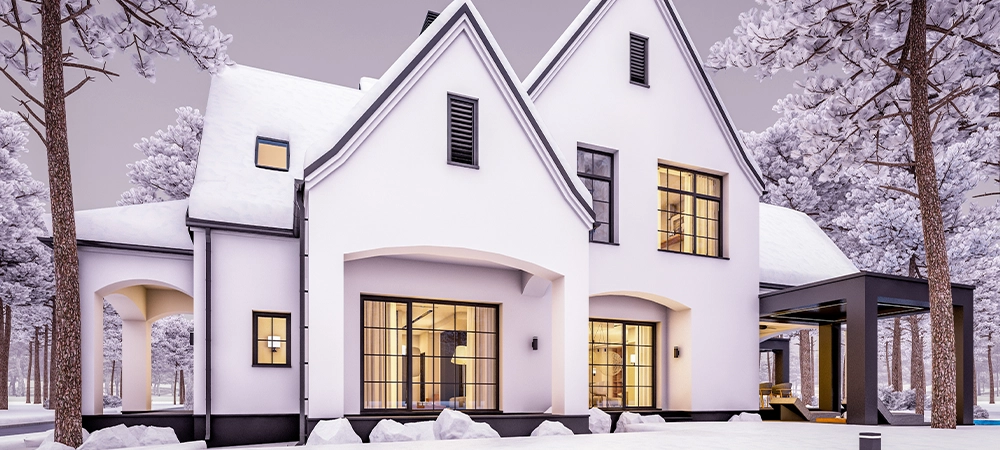 3d rendering of cute cozy white and black modern Tudor style house with parking and pool for sale or rent with beautiful landscaping. Cool winter evening with cozy light from windows
