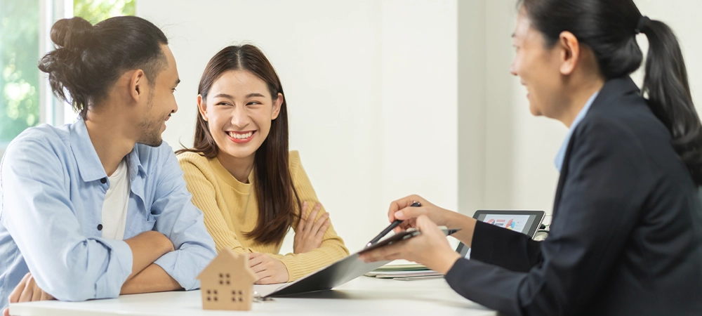 Happy asian couple client, tenant buyer home ,apartment, sign signature contract rental, purchase. Landlord, realtor agreement after bank approve mortgage, loan success or done. Property agent concept