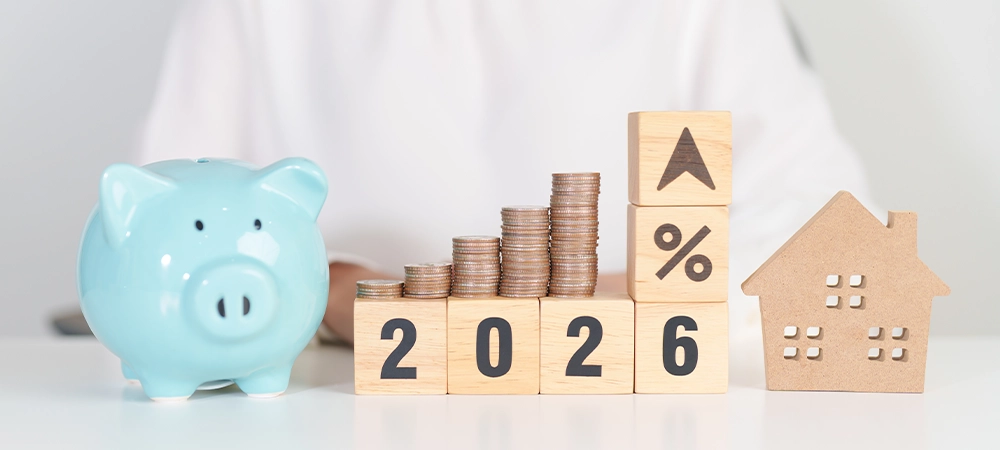 2026 New Year with percentage change to UP and Down arrow, Home model and coin stack. Real estate Mortgage, Refinance, House loan and debt, Interest rate, Insurance, Financial and Property Tax
