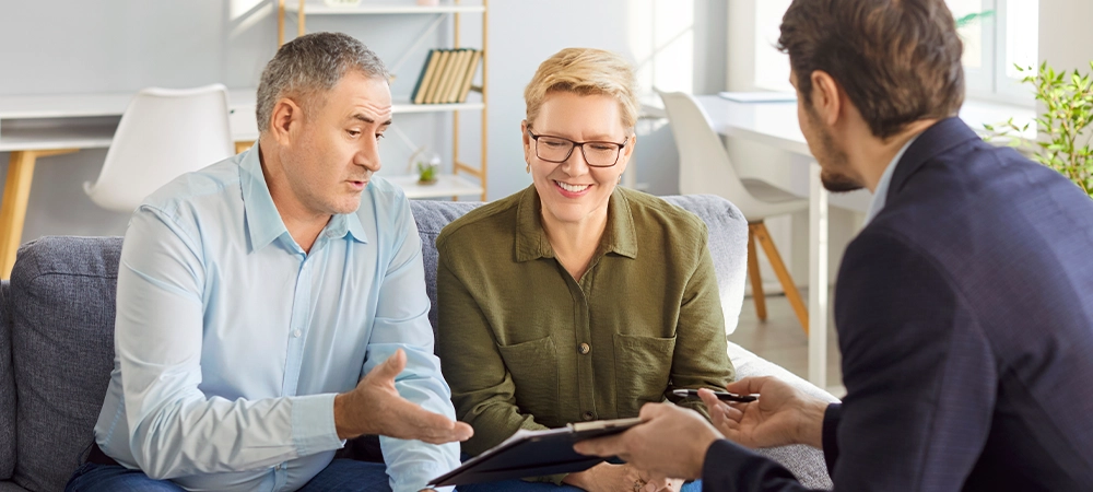 Consulting legal expert at home, happy senior mature family couple document signing, clients meeting lawyer, solicitor advice, question, talking, celebrating deal, house, medical insurance buying deal